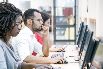 Wall Mural - multiracial group of students training in computer class. line of man and women in casual sitting at