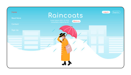 Wall Mural - Raincoats landing page flat color vector template. Rainywear homepage layout. Fashionable woman with bag and umbrella one page website interface with cartoon character. Rainy day web banner, webpage