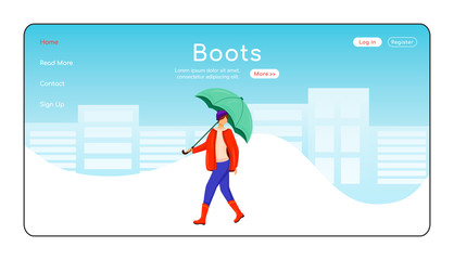 Wall Mural - boots landing page flat color vector template. female with umbrella homepage layout. wet weather one