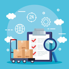 Boxes over cart list document and lupe design, Delivery logistics transportation shipping service warehouse industry and global theme Vector illustration