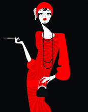 Lady In A Red Retro Dress Of The 1920s On Black Background, Silhouette Of Woman In Retro Style, Character For The Design Of Invitations, Cards, Planner In Retro Art Deco Style