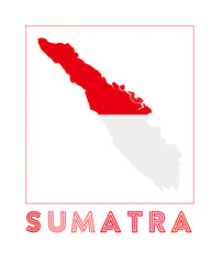 Sumatra Logo. Map of Sumatra with island name and flag. Modern vector illustration.