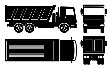 Wall Mural - Dump truck silhouette on white background. Vehicle icons set view from side, front, back, and top