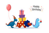 Fototapeta Dinusie - Cute cartoon dinosaurs after each other with balloon, gifts and birthday cake with candle. Card for children's birthday, gift wrap, textiles, stickers