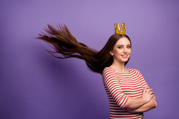 Poster - Portrait of positive cheerful smart high school girl crossing her hands proud of her prom party win gold crown haircut fly throw wear white sweater isolated over purple color background