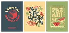 Summer Joy Set Of Banners. Tropical Summer Posters. Welcome To Paradise. Vector Summer Shirts Graphic Templates.