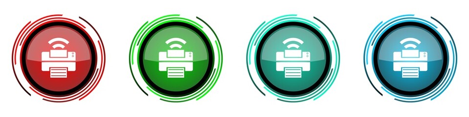 Fototapete - Printer round glossy vector icons, set of buttons for webdesign, internet and mobile phone applications in four colors options isolated on white background