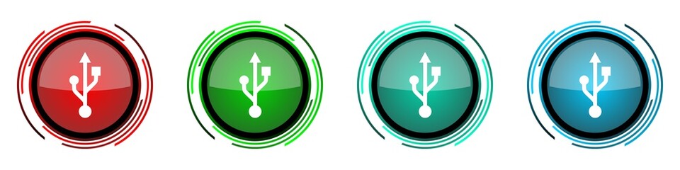 Leinwandbilder - Usb round glossy vector icons, set of buttons for webdesign, internet and mobile phone applications in four colors options isolated on white background