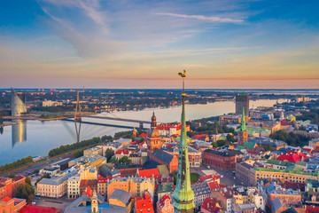 skyline of riga old town, sunrise time. riga is the capital and the largest city of latvia