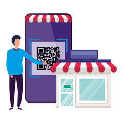 Poster - scan code qr in smartphone with businessman and store vector illustration design