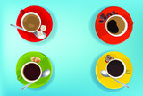 Fototapeta Dinusie -  There are three types of coffee and one tea with sweets to choose from on a bright background