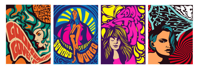 Wall Mural - set of four different psychedelic stylised women designs for posters or covers, brightly colored vec