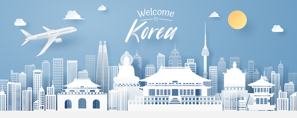 Wall Mural - Paper cut of Korea landmark, travel and tourism concept.