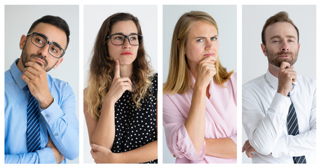 Wall Mural - Thoughtful men and women. Collage of pensive men and women standing with hands on face isolated on white background. Thinking concept