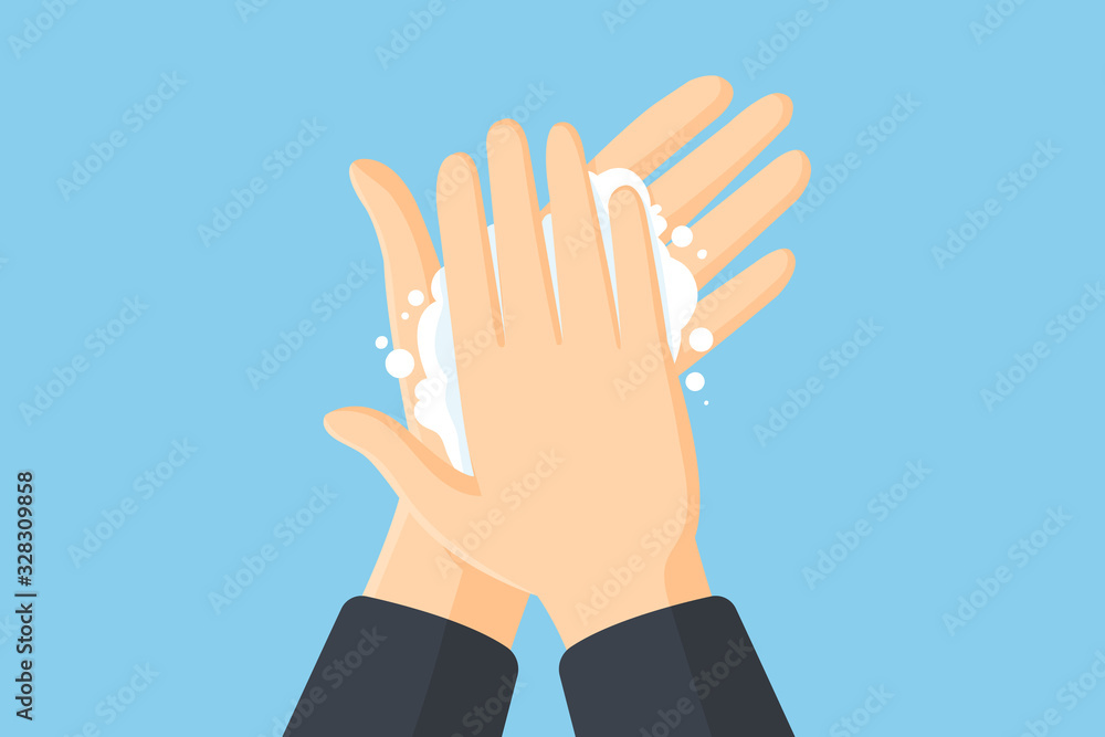 Washing hands with soap vector flat illustration. Hygiene concept - obrazy, fototapety, plakaty 