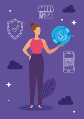 Sticker - business woman with set icons vector illustration designicon