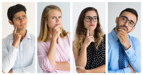 Wall Mural - Thoughtful diverse business people. Collage of multiethnic pensive men and women standing with hands on face isolated on white background. Thinking concept