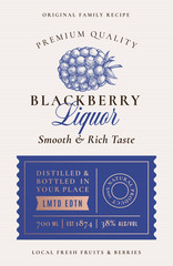 Wall Mural - Family Recipe Blackberry Liquor Acohol Label. Abstract Vector Packaging Design Layout. Modern Typography Banner with Hand Drawn Black Berry Silhouette Logo and Background.