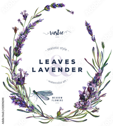 Watercolor Lavender and Dragonfly Floral Wreath Canvas Print