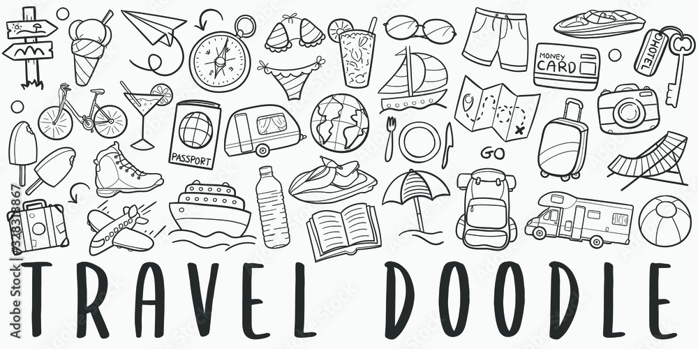 Time to Travel Doodle Line Art Illustration. Hand Drawn Vector Clip Art. Banner Set Logos. - obrazy, fototapety, plakaty 