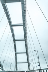 Steel structures of the Kerch bridge. Bottom view. Black and white image