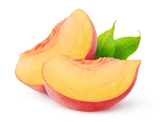 Fototapete - Isolated peach pieces. Two slices of peach fruit isolated on white background with clipping path