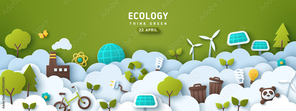 Earth Day banner, background with clouds and ecology icons in paper cut ...
