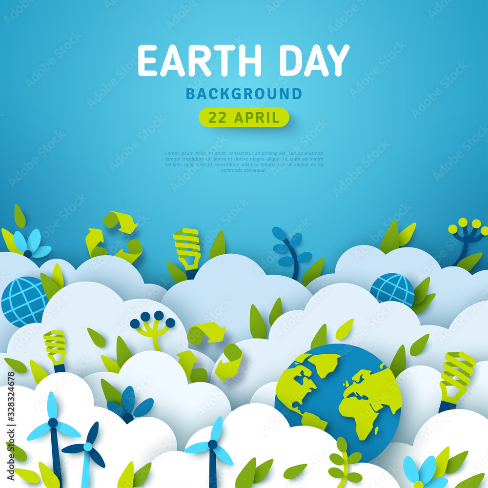 Earth Day banner or card, background with clouds and ecology icons in ...