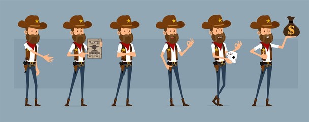 Wall Mural - Cartoon funny sheriff character in cowboy hat with golden star from wild west. Sheriff with money bag, cards and wanted sign. Ready for animations. Isolated on blue background. Big vector icon set.