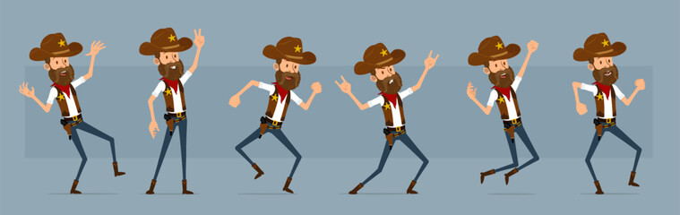 Wall Mural - Cartoon cute funny sheriff character in cowboy hat with golden star from wild west. Rock and roll sheriff jumping and dancing. Ready for animations. Isolated on blue background. Big vector icon set.