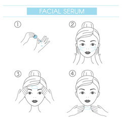 Steps how to apply facial serum. Young woman making facial massage by lines. Line vector elements on a white background.