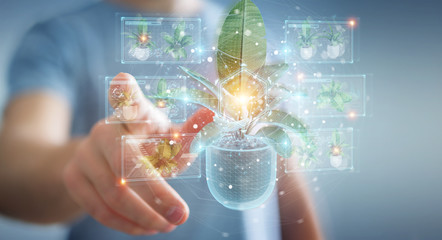 Fototapete - Man holding and touching holographic projection of a plant with digital analysis 3D rendering