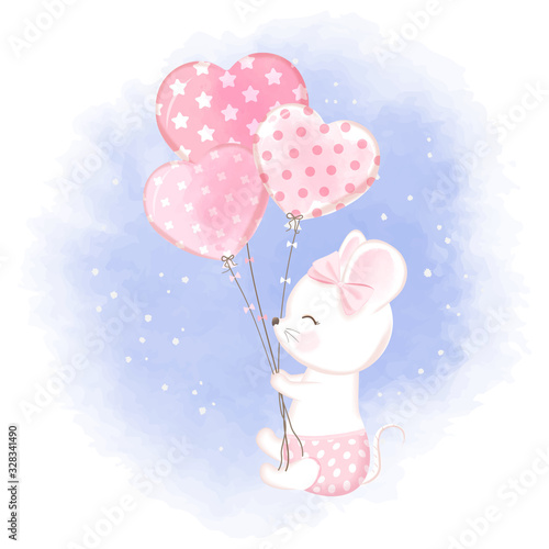 Cute Baby Mouse With Balloon Hand Drawn Cartoon Illustration Watercolor Background Stock Vector Adobe Stock Cute Baby Mouse With Balloon Hand Drawn Cartoon Illustration Watercolor Background Stock Vector Adobe Stock