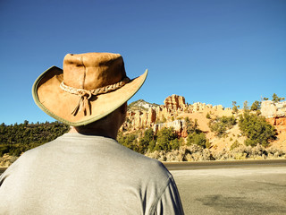 Man in Australian bush hat in California