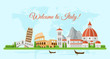 Welcome to Italy flat banner vector template. Famous italian architectural landmarks cartoon illustration with text. Tourist attractions, coliseum, pisa tower