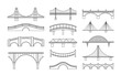 Vector illustration set of bridges icons. Types of bridges. Linear style icon collection of different bridges. Possible use in infographic design, urbanistic concept elements.