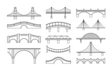 Vector Illustration Set Of Bridges Icons. Types Of Bridges. Linear Style Icon Collection Of Different Bridges. Possible Use In Infographic Design, Urbanistic Concept Elements.