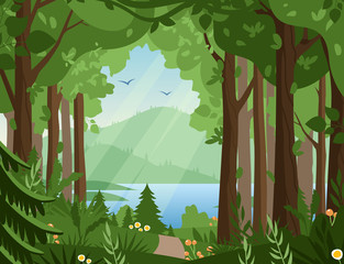 Forest vector landscape flat vector illustration. Woodland scenery, wildlife panorama, lake and mountains, hilly terrain scene. Nature, summertime, rural landscape, green valley panoramic view.