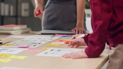 Asian businessmen and businesswomen meeting brainstorming ideas about creative web design plan application and develop template layout for mobile phone project working together in office. Slow motion.