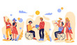 Banner for World Disability Day with disabled people in wheelchairs, leading active lifestyle, dating and meeting. Persons with reduced mobility and physical disabilities. Vector cartoon illustration.