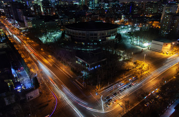 Beijing highway street by modern Chinese buildings 