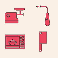 Sticker - Set Meat chopper, Kitchen meat grinder, Long electric lighter and Microwave oven icon. Vector