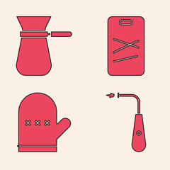 Sticker - Set Long electric lighter, Coffee turk, Cutting board and Oven glove icon. Vector