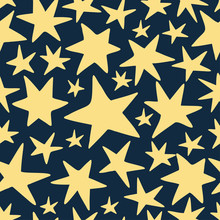 Seamless Abstract Vector Pattern Yellow Cosmic Simple Stars On A Night Sky Background. The Design Is Perfect For Wallpaper, Backgrounds, Wrapping Paper, Sheets, Clothes, Stationary And Decorations. 