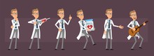 Cartoon Cute Funny Doctor With Stethoscope In White Uniform. Scientist With Syringe, Medicament And Guitar. Ready For Animations. Isolated On Violet Background. Big Vector Icon Set.