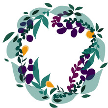 Vector Floral Frame, Border, Template. Round Shape With Leaves, Flowers, Greenery. Green, Violet, Orange Colors. Spring, Summer Design. Hello Spring.