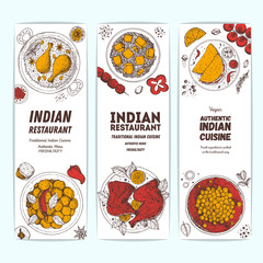 Wall Mural - Indian food illustration. Hand drawn sketch. Indian cuisine. Banner set. Vector illustration. Menu background. Engraved style.