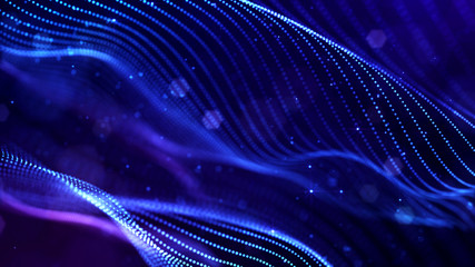 abstract sci-fi background with glow particles form curved lines, surfaces, hologram structures or v