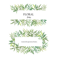  Floral watercolor set of frames with greenery on a white background for wedding decor.