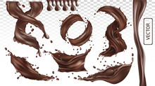 3D Realistic Splash Of Chocolate. Twisted Dark Chocolate With Drop On Transparent Background. Set Vector Illustration.